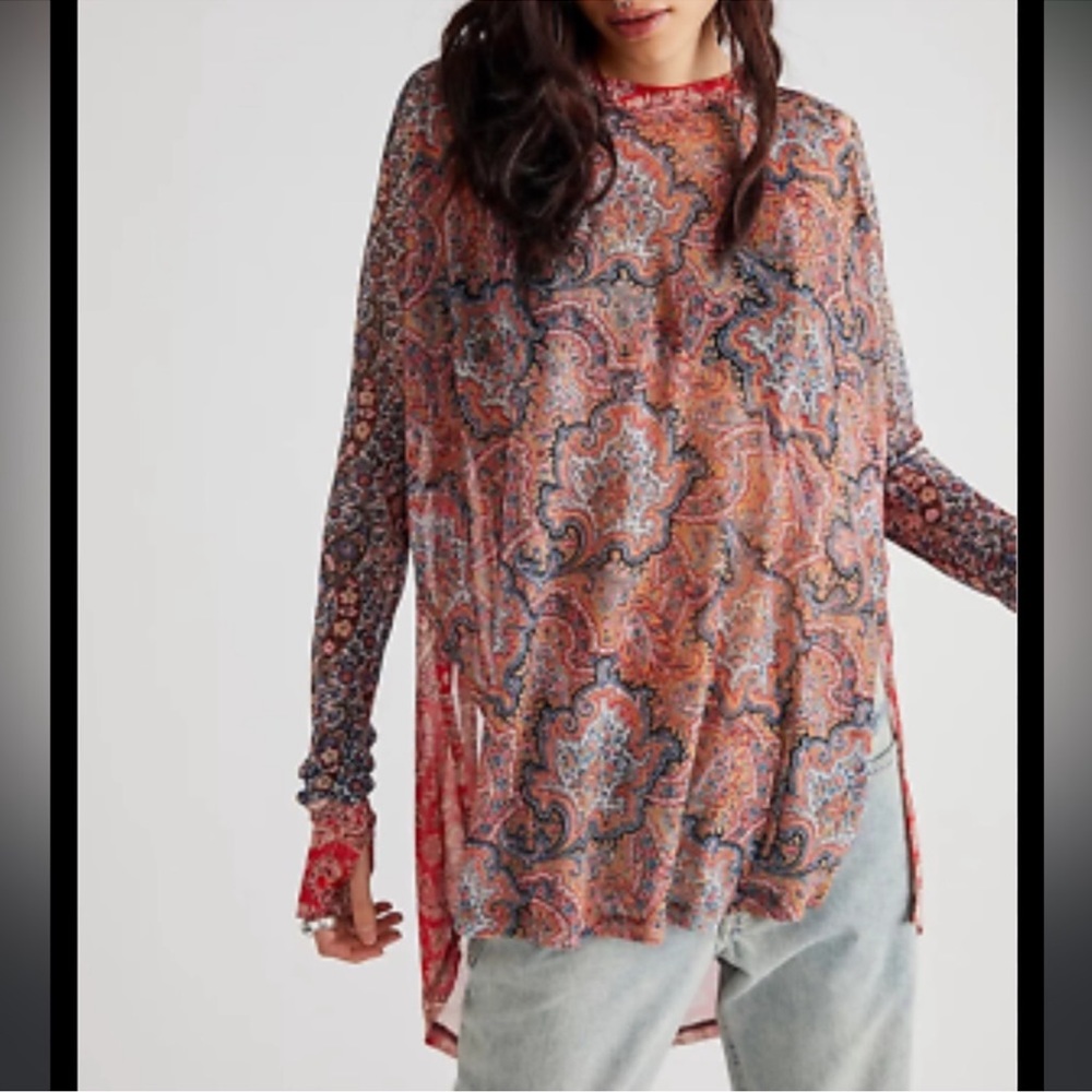 Free People Arianna Paisley Print Mesh Tunic Top NWOT